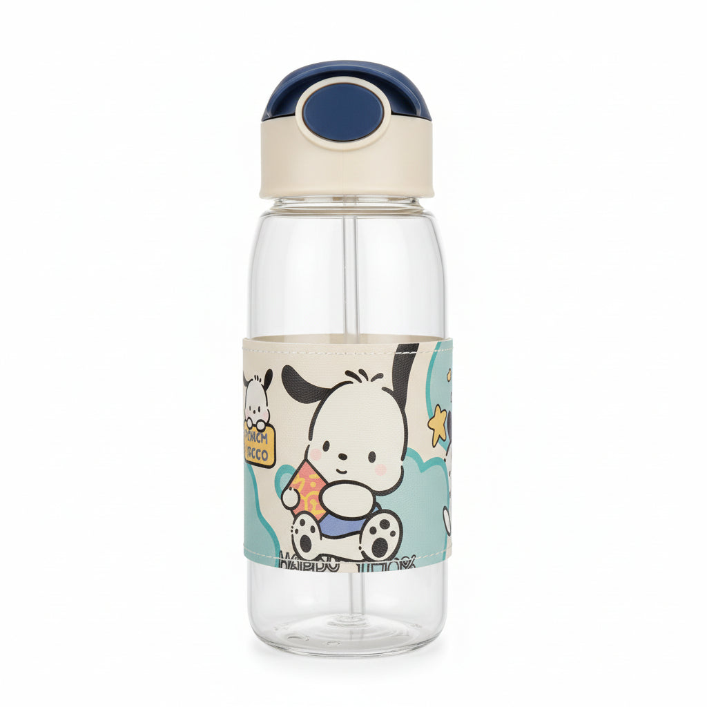 Clear bottle with cartoon character label on a wooden surface with a white and blue lid