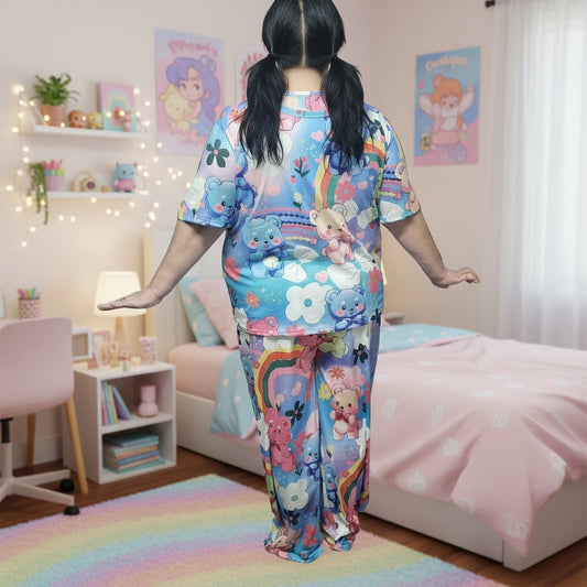 girl wearing colourful bear pyjamas in a girls bedroom