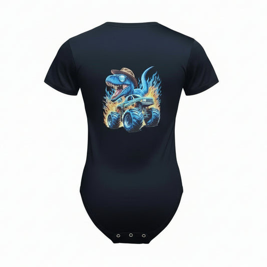 Man wearing black dinosaur monster truck onesie with monster truck background