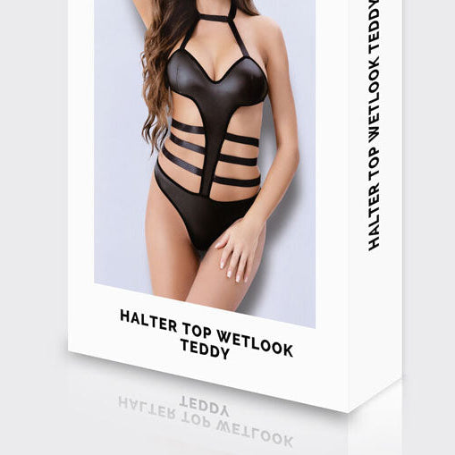 Packaging of a black halter top wetlook teddy with a model on a white background
