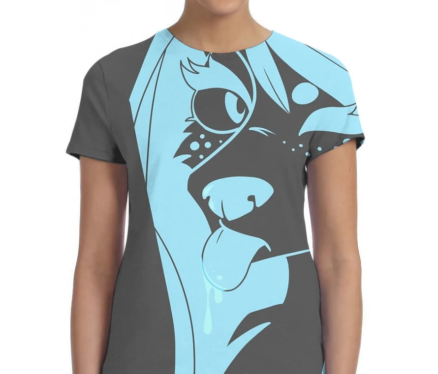 T-shirt with a blue and gray graphic design on a white background