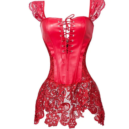 up to 8XL Gothic Corset Bustier Dress Faux Leather & Lace Strap Lingerie Plus Size