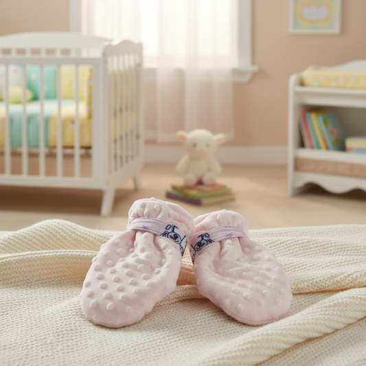 adult pink mittens with a nursery background