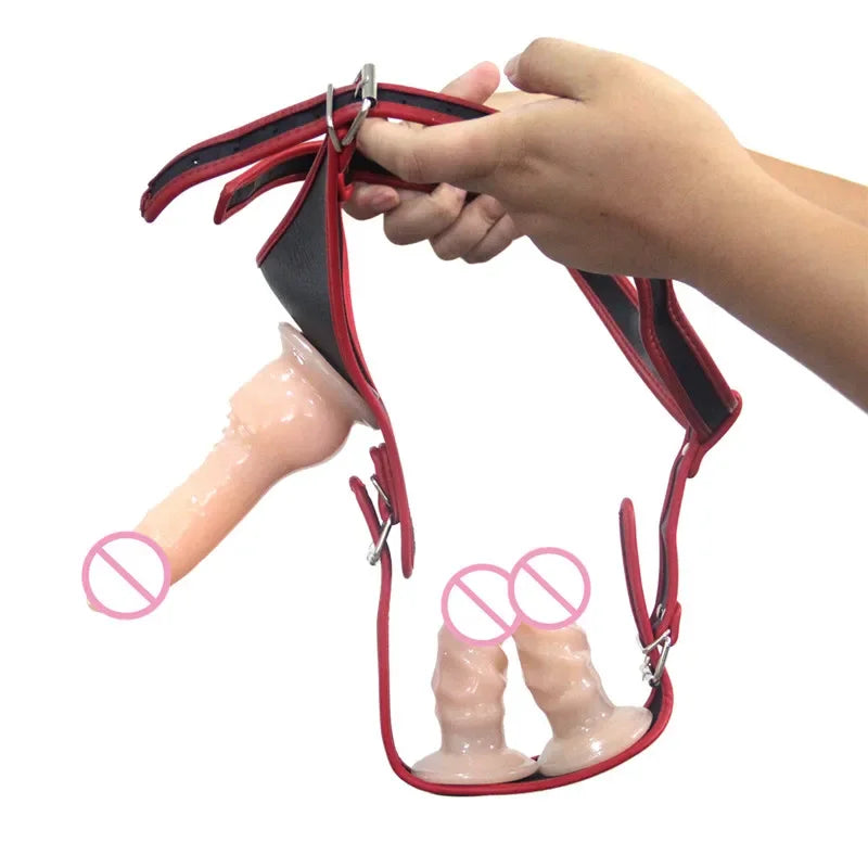 Adjustable Leather Strap On Harness with Realistic Suction Cup Dildo
