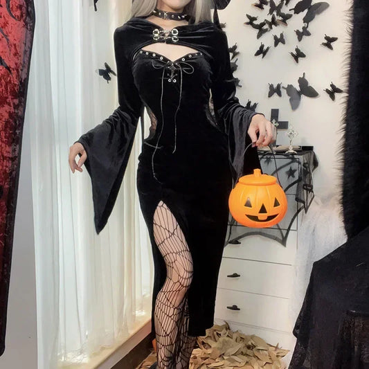 Gothic Long Dress With Hat and See Through Velvet Lace Cutout High Slit Long Sleeve