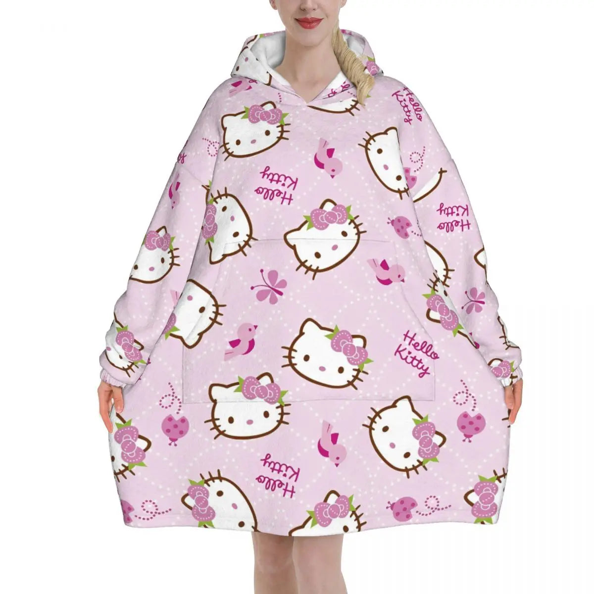 Hello Kitty Cartoon Blanket Hoodie Wearable Blanket Large with Pocket Warm Sleeping Bag Soft Cozy Onesie