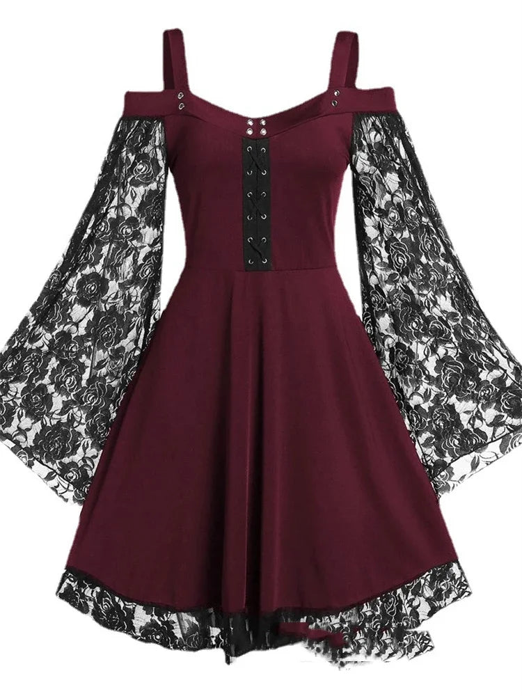 New Gothic One-shoulder Lace Vintage Look Stitching Flared Sleeve Dress