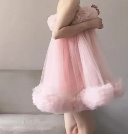 Women Spaghetti Strap Tulle Mini Dress Ruffle Fluffy Princess Ball Gown Sweet Party Evening Dress S XXL