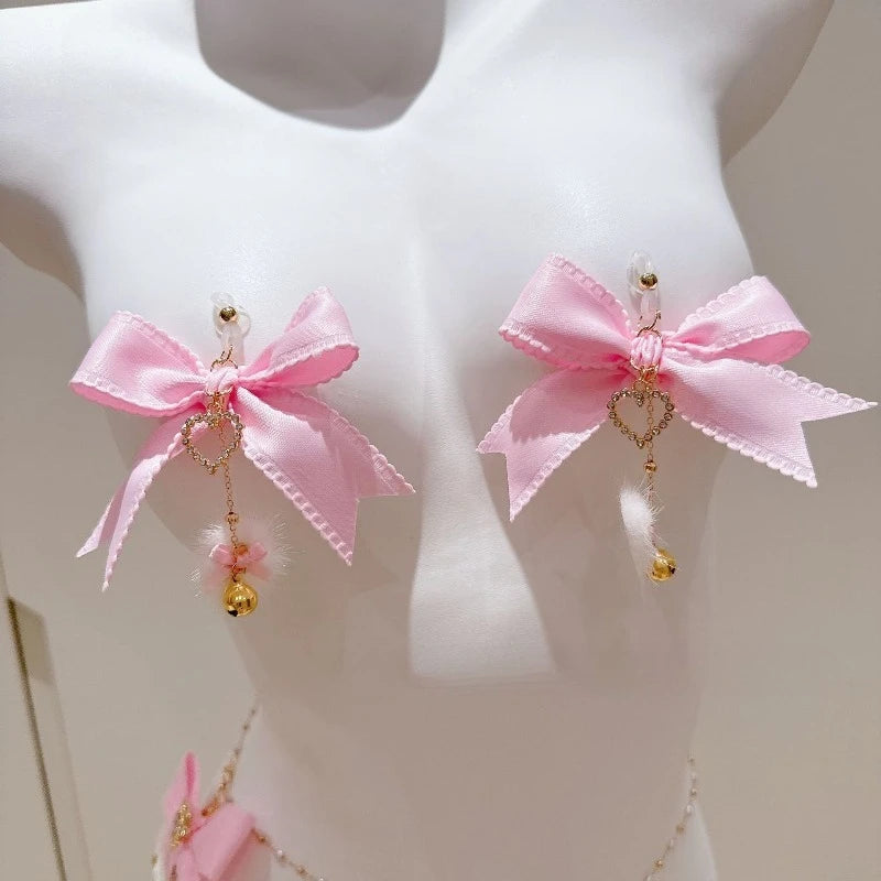 Pink Bow Nipple Clips Heart-Shaped Gemstone Collar Leash Set with Body Chain