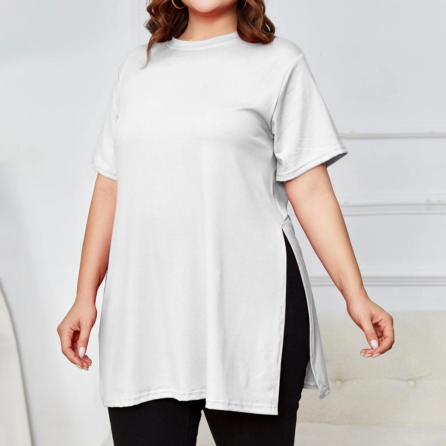 Plus Size Mid-length Slit T-shirt Solid Color Round Neck Short Sleeve
