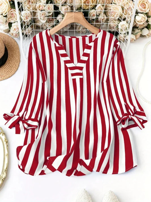 Plus Size Woman Plaid T-shirt V-neck Jumper Light Breathable Tops