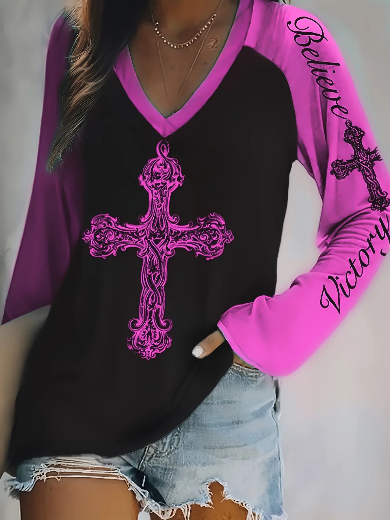 Plus Size Women's V-Neck Long Sleeve Cross Print T-Shirt Casual Loose Fit