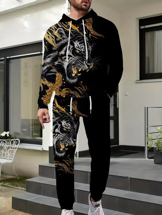 Trendy 3D Animal Tiger Print Hoodies 2-Piece Set Unisex Tracksuit Outfits
