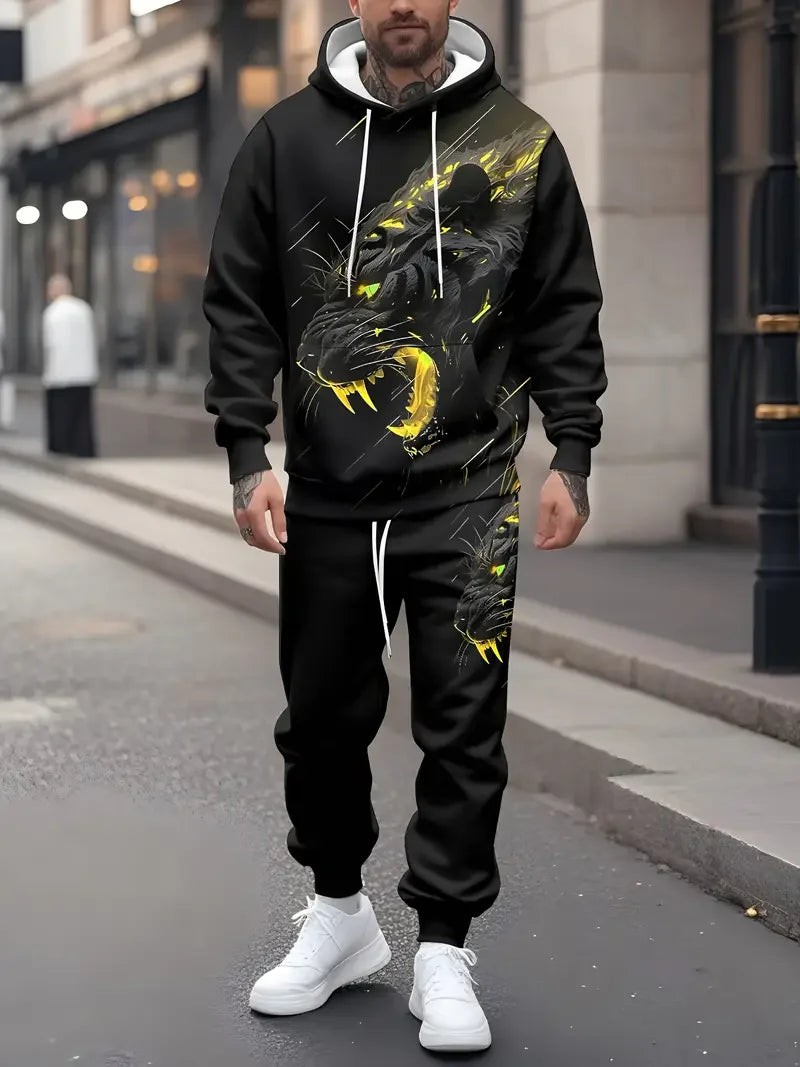 Trendy 3D Animal Tiger Print Hoodies 2-Piece Set Unisex Tracksuit Outfits
