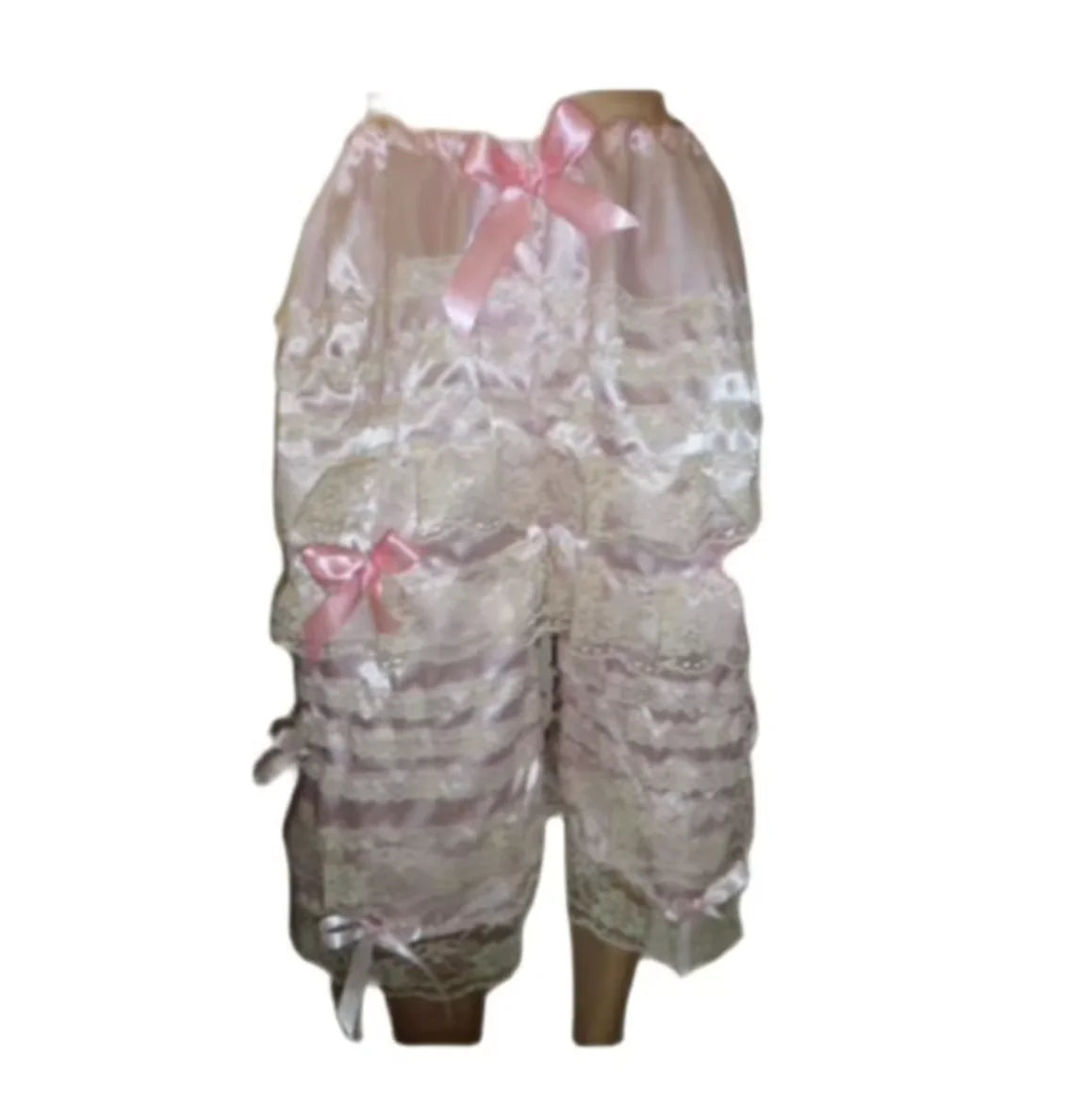 French Pink Satin Patchwork with White Lace Bow Adult Sized