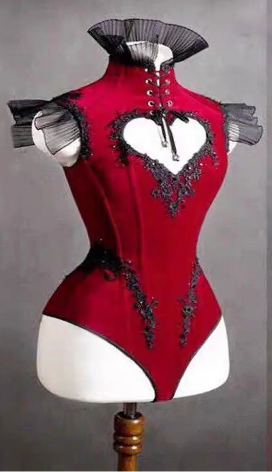 Wine Red Heart Cutout Bodysuit High Neck Outfit