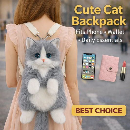 Girls Cute Cat Backpack, Kawaii Plush Bag, Soft Animal Crossbody Bag