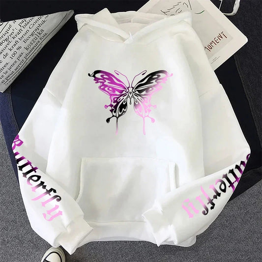 White hoodie with butterfly design and 'butterfly' text on sleeves against a dark background