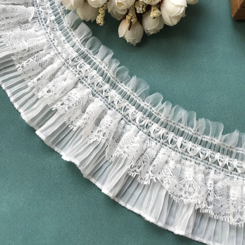 1 Yard White Black Stretch Lace Layer Ribbon Elastic Ruffle Trim