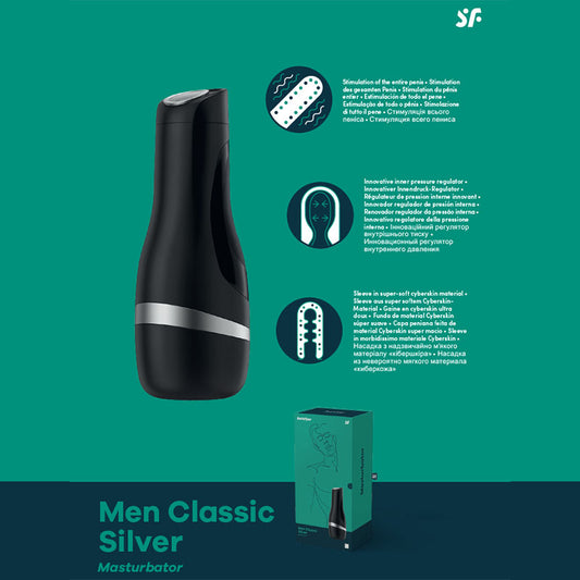 Black masturbator with packaging on a green background, featuring text and branding.
