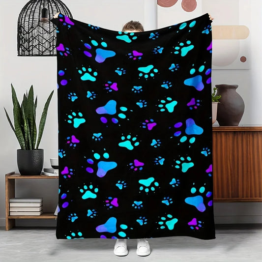 Paw Print Flannel Blanket Colorful Gradient Pattern Soft Cozy Warm Throw For Home Couch Bed Decor Pet Lover Gift Idea