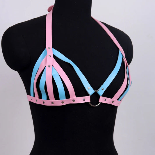 Edgy Punk Pink & Blue Color Block Faux Leather Cross Harness