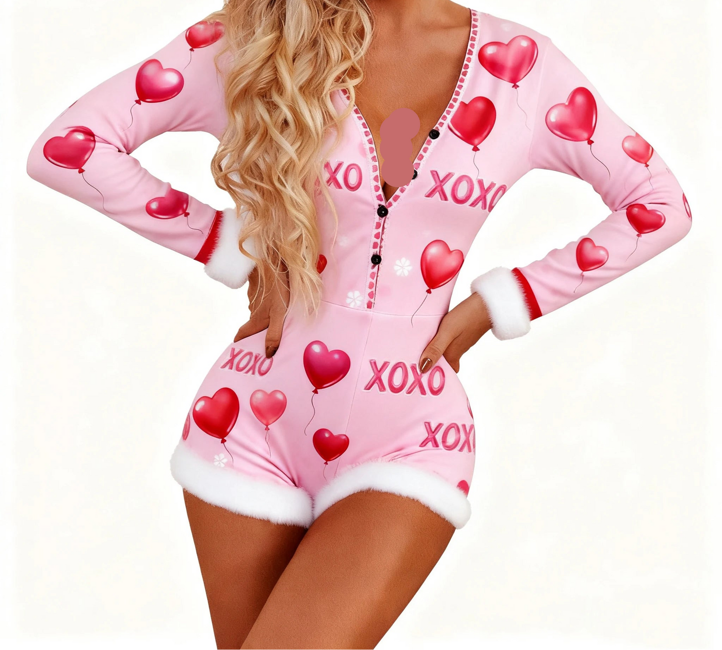 Valentine's Day Long Sleeve Fur Trim Rompers/Shorts Jumpsuits