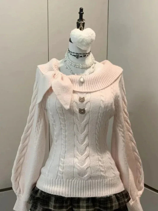 Sweet Hot Bow Off-Shoulder Sweater Elegant Fashion Knitted Tops