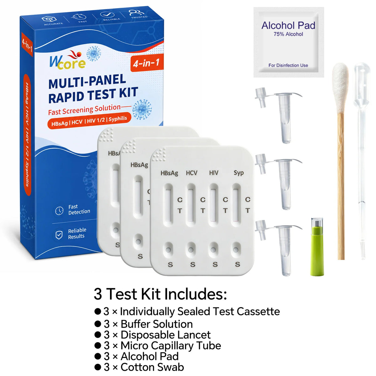 4-in-1 Infectious Disease Screening Test Kit, HBsAg HCV HIV 1/2 Syphilis Combo Rapid Test Cassette Antibody Diagnostic Reagent
