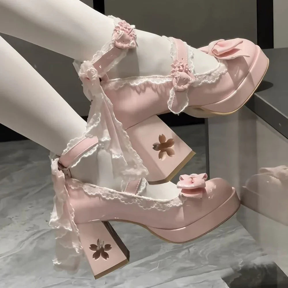 Womens Mary Janes Shoes Sweet Style High Heels Exquisite Bow