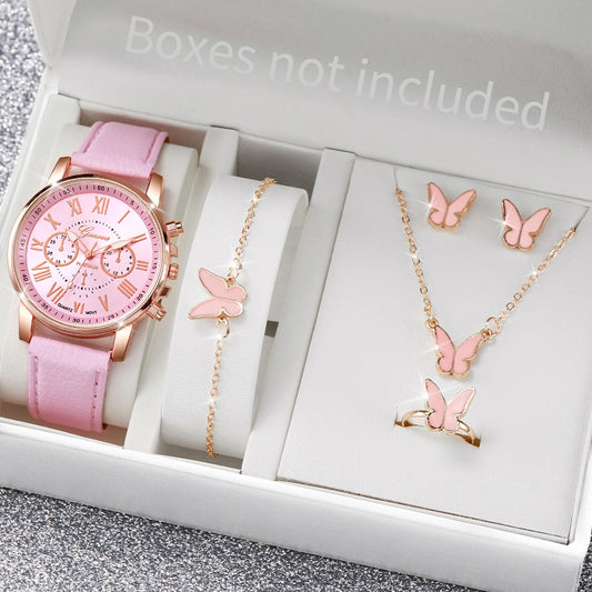 5/6PCS Fashion Women's Quartz Watch Leather Band Analog Wrist Watches