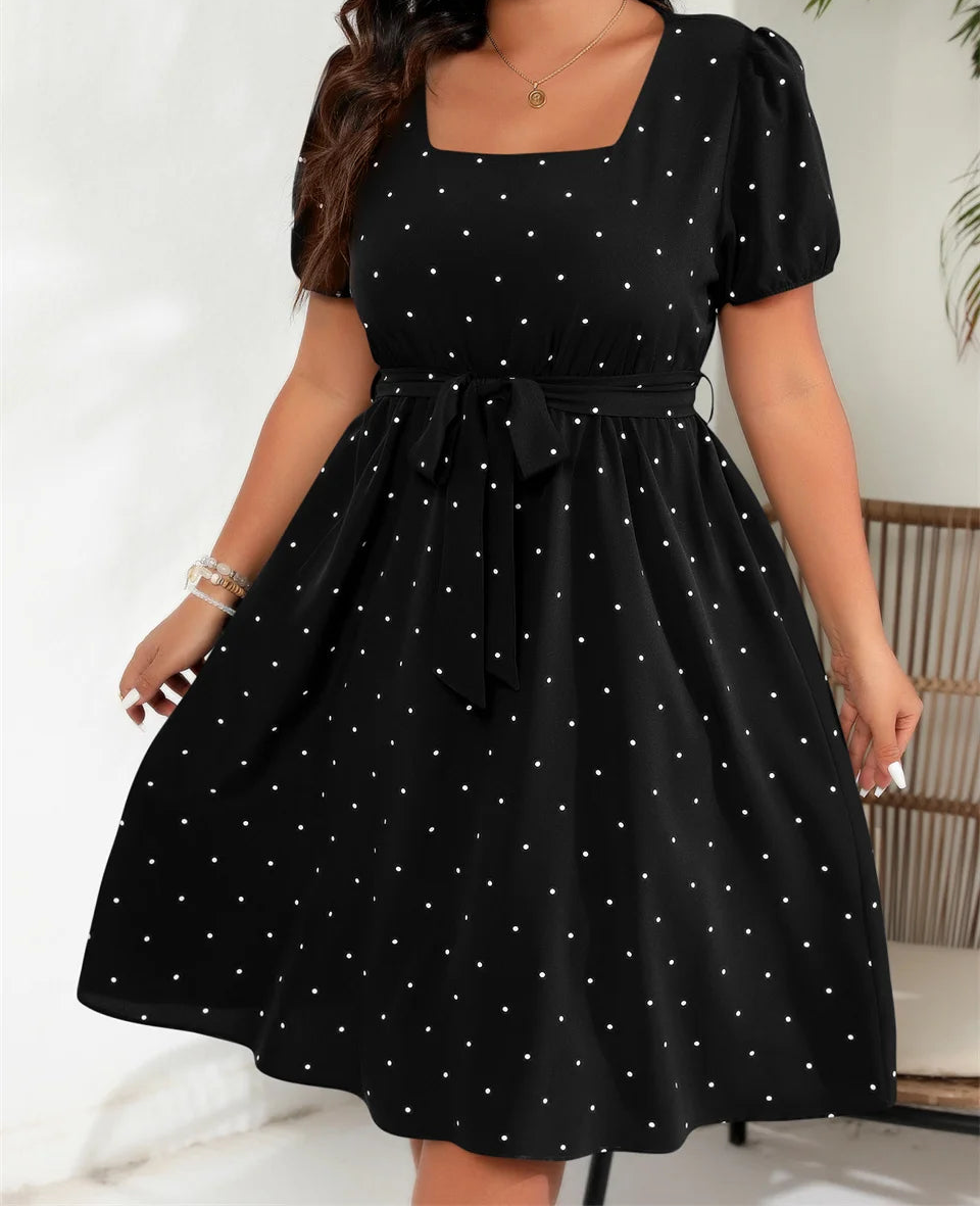 Plus Size Square Neck Polka Dot Belted Dress High Waist Summer A-line Big Swing Dresses