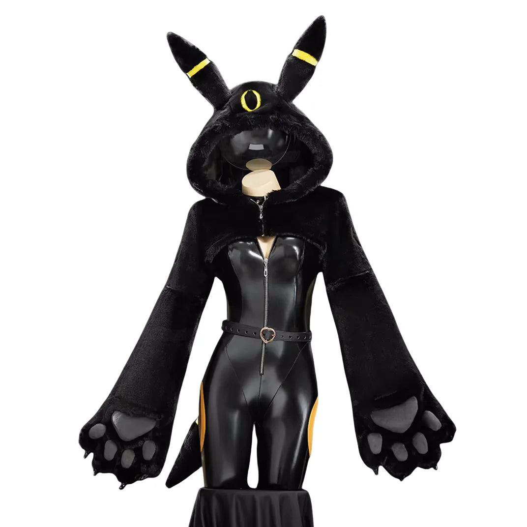 Black cat-like costume with yellow accents on a white background