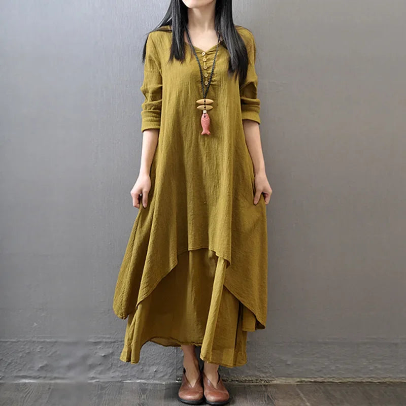 Elegant Bohemia Layered Vintage Cotton Hemp Dress