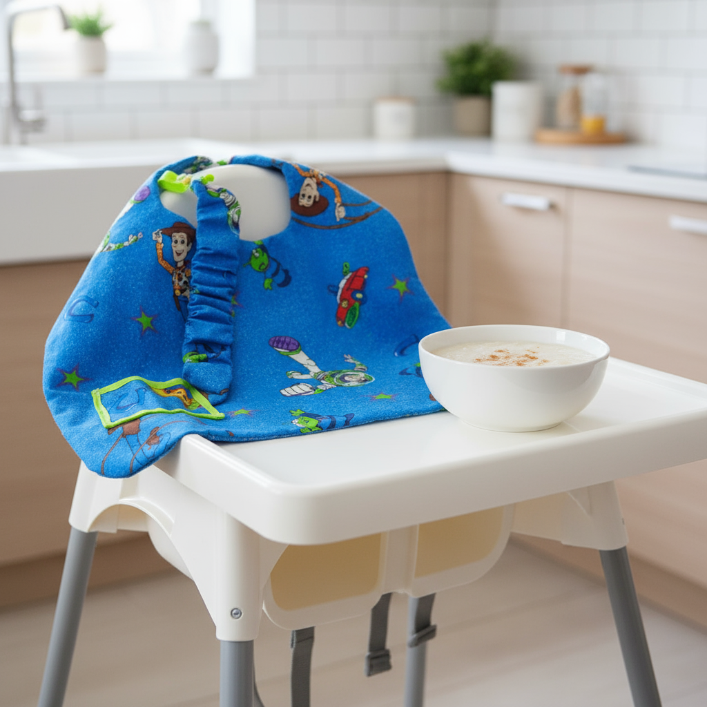 Toy story themed bib with matching pacifier chain on a highchair with a bowl of porridge