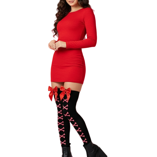 girl wearing red dress and black socks with red bows