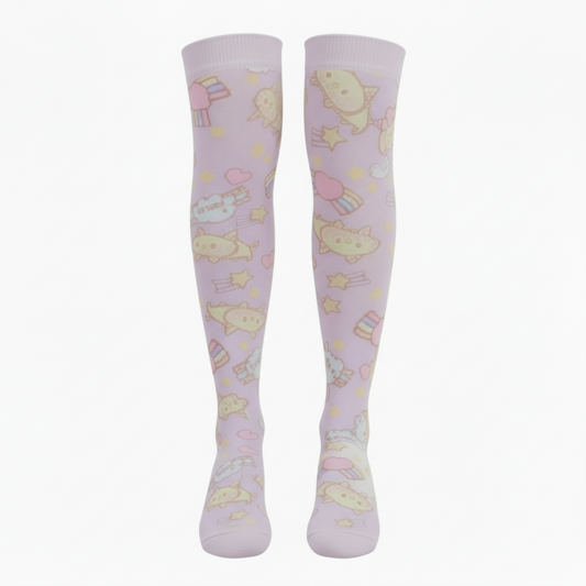 A pair of white over-the-knee socks with a colorful cartoon cat pattern and stripes.