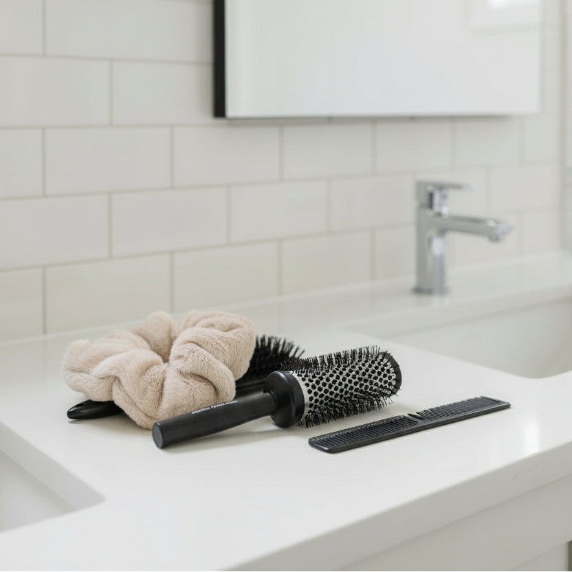 Fluffy bunny ears hair-tie on bathroom bench near hair brushes