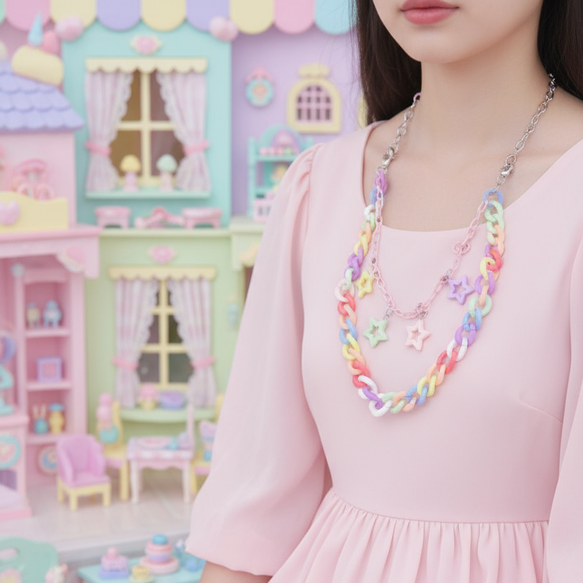 girl wearing a rainbow coloured chain playing with a dollhouse