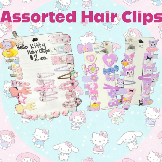 A collection of assorted hair clips featuring Hello Kitty designs, displayed on a stand with a colorful patterned background.