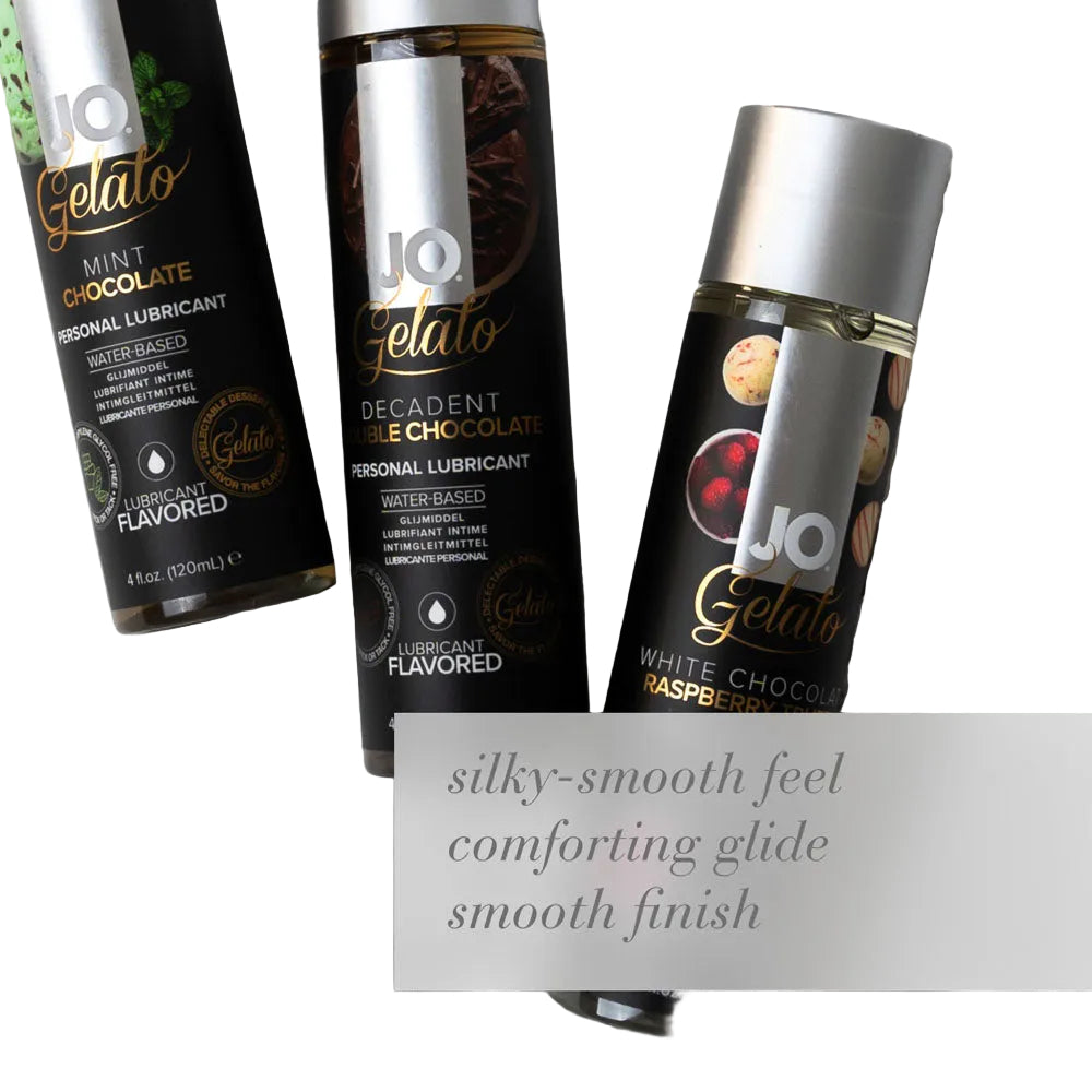 Three bottles of JO Gelato personal lubricant on a textured gray background