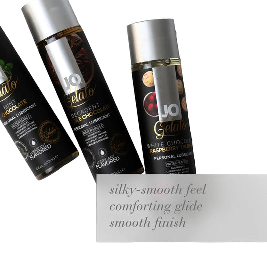 Three bottles of JO Gelato personal lubricant on a textured gray background