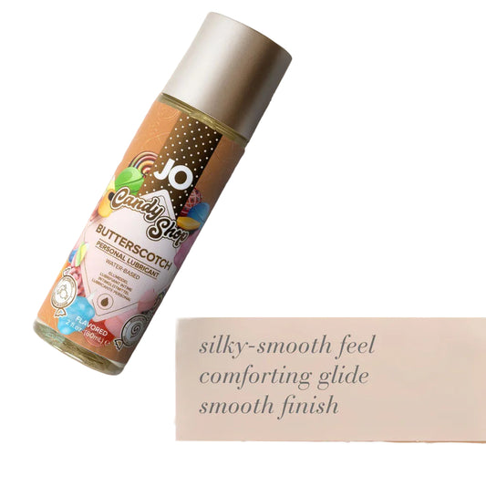 JO Candy Shop Butterscotch personal lubricant bottle on a beige background with product description text.