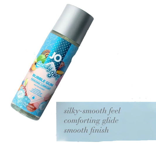 Bubble gum-flavored lubricant bottle on a blue background with water droplets