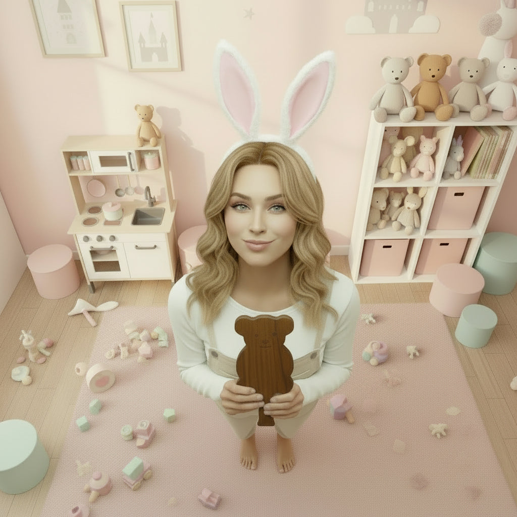 Wooden bear-shaped cutting board on a white surface