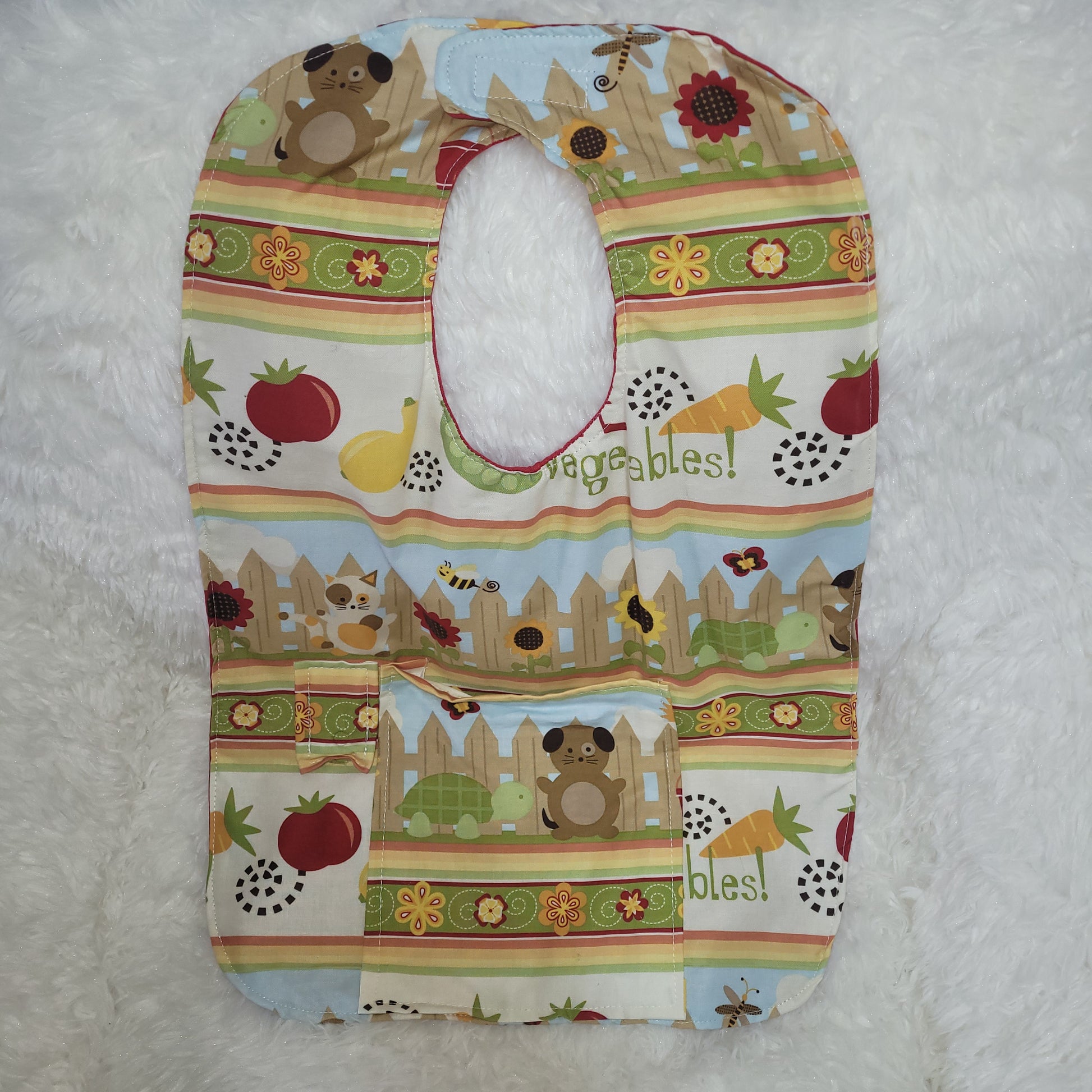 Adult bib with vegetables and farm animals with pouch and matching pacifer chain