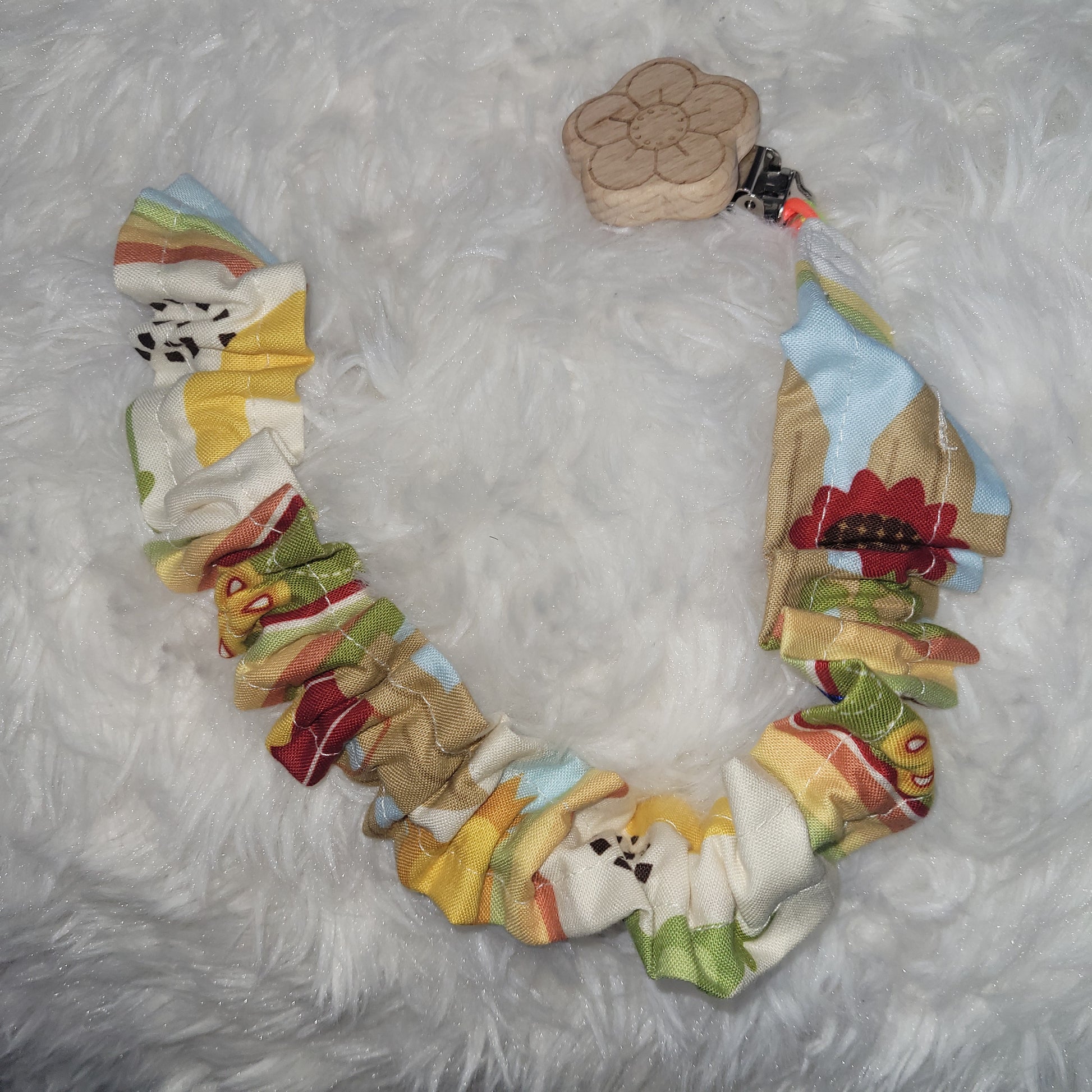 Adult bib with vegetables and farm animals with pouch and matching pacifer chain