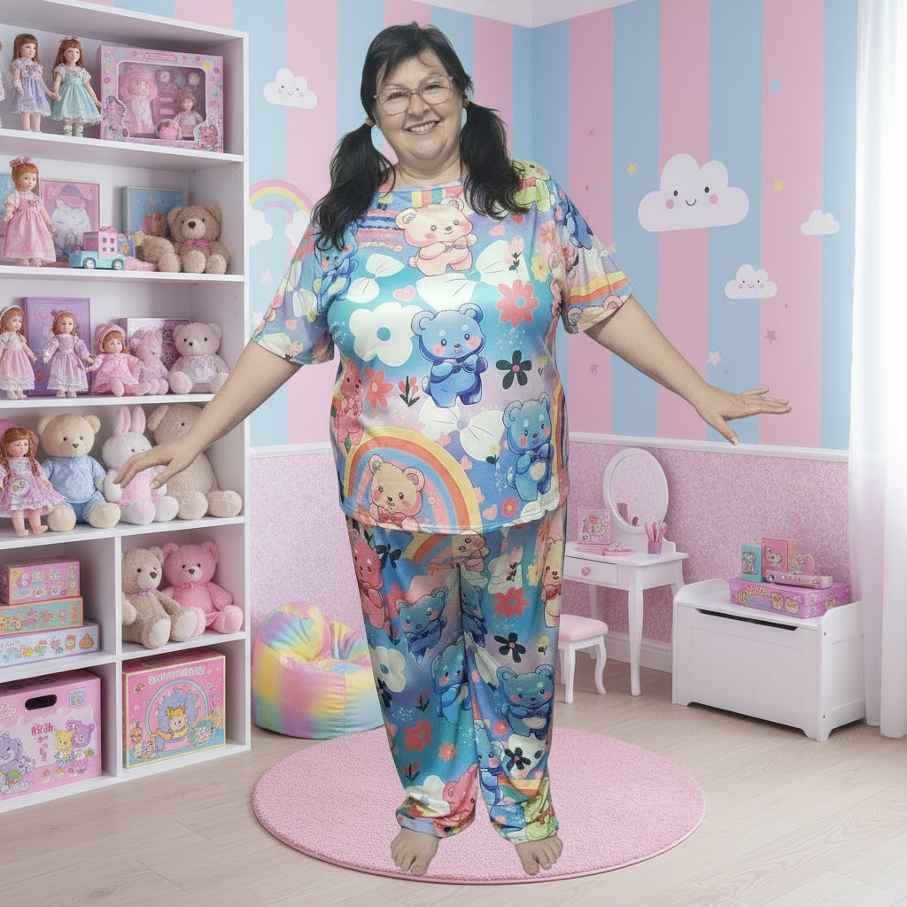 Person wearing colorful pajama set with cartoon designs, standing in a playroom with wooden floor and furniture.