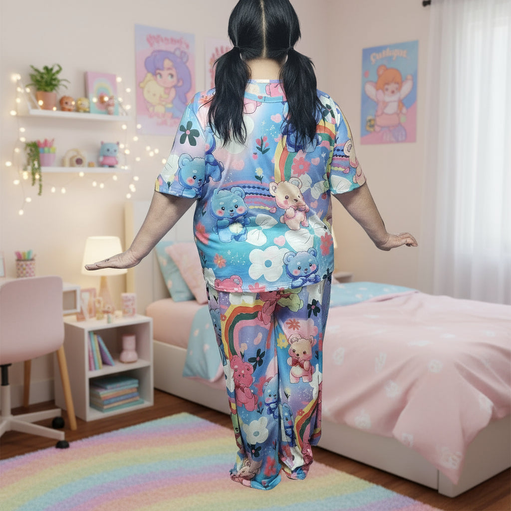 girl wearing colourful bear pyjamas in a girls bedroom 