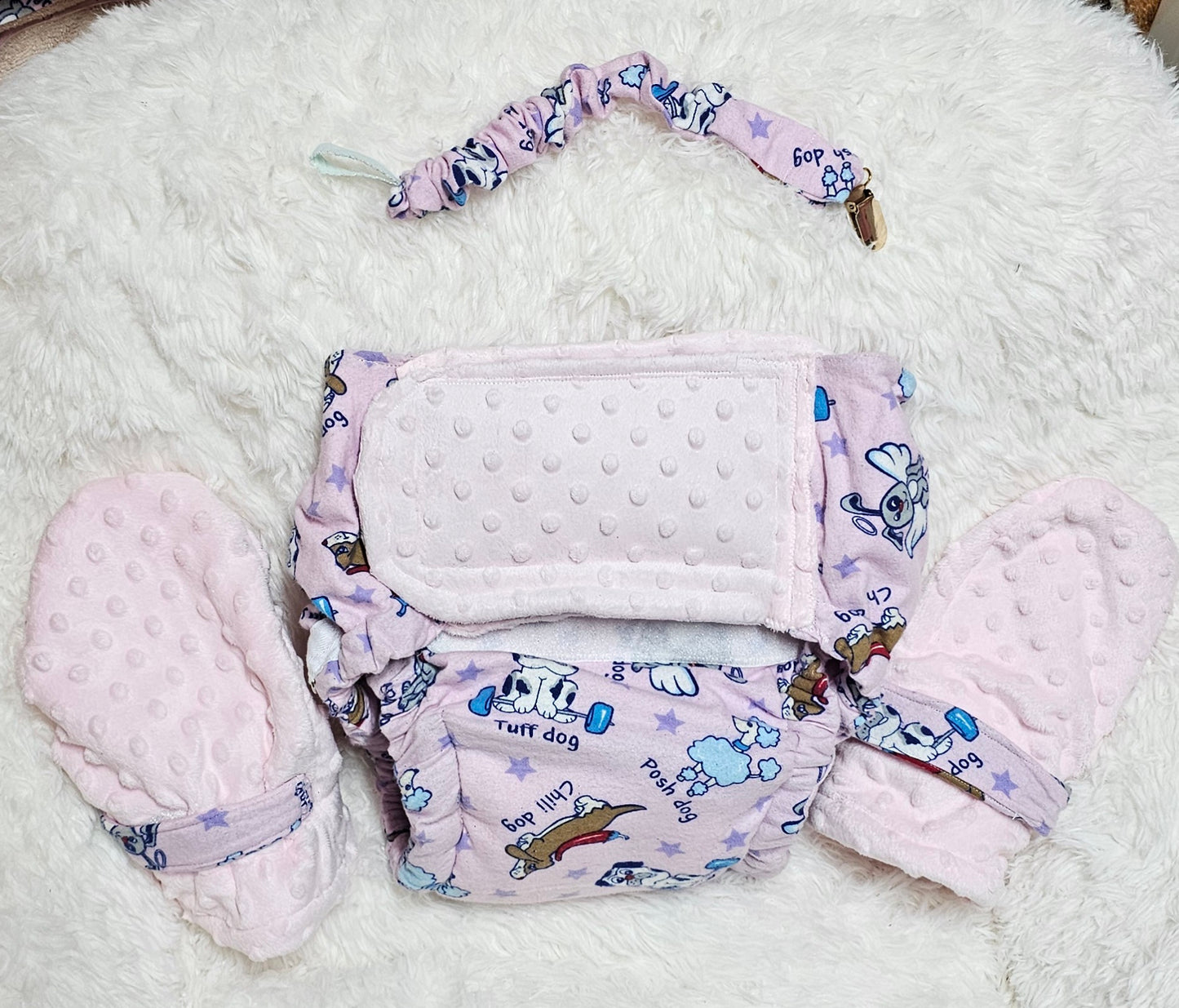 Pink Nappy Cover, Mittens & Pacifier Clip Set